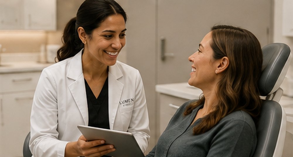 A Lumen Dental Studio dentist reviewing a personalized treatment plan with a patient